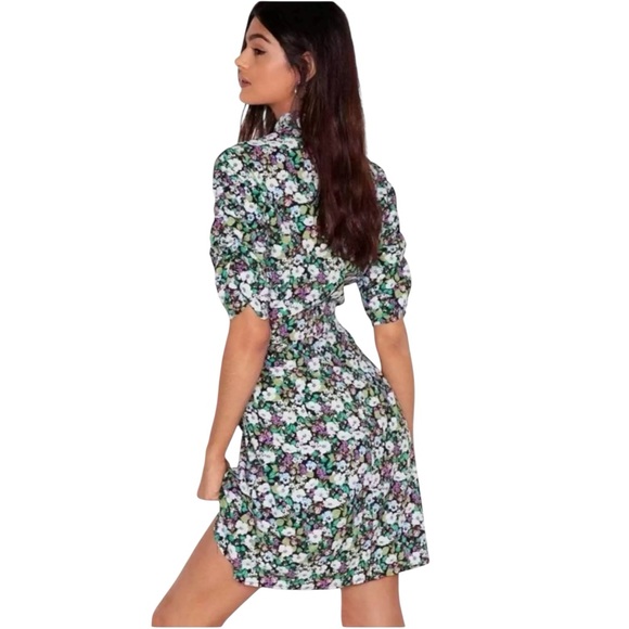 Nasty Gal Size 4 Bloom To Grow Floral Mini Dress Ruched Sleeves Wrap Skirt Green - Picture 3 of 16
